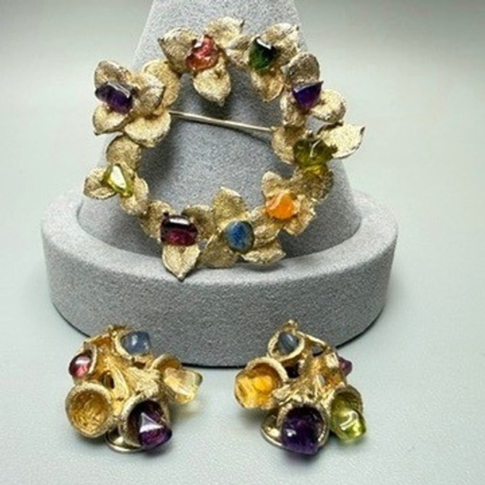 Swoboda‎ Gold Tone Wreath Brooch Clip One Earring Set Multi-Color MCM Brutalist
